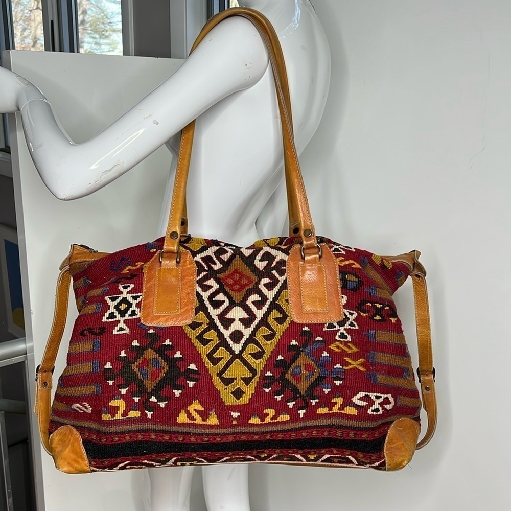 Vintage Kilim and Leather Large Shoulder Travel Duffle Bag